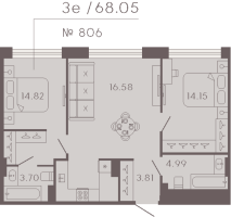 3 ккв (Евро) № 806 Корп.: 3 Уч. Residence , Секция 8  в ЖК 17/33 Петровский остров