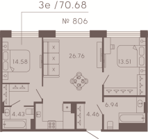 3 ккв (Евро) № 806 Корп.: 3 Уч. Residence , Секция 8  в ЖК 17/33 Петровский остров