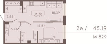2 ккв (Евро) № 829 Корп.: 3 Уч. Residence , Секция 8  в ЖК 17/33 Петровский остров