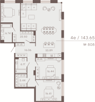 4 ккв (Евро) № 808 Корп.: 3 Уч. Residence , Секция 8  в ЖК 17/33 Петровский остров