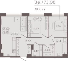 3 ккв (Евро) № 827 Корп.: 3 Уч. Residence , Секция 8  в ЖК 17/33 Петровский остров