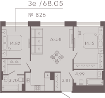 3 ккв (Евро) № 826 Корп.: 3 Уч. Residence , Секция 8  в ЖК 17/33 Петровский остров