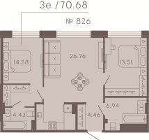 3 ккв (Евро) № 826 Корп.: 3 Уч. Residence , Секция 8  в ЖК 17/33 Петровский остров