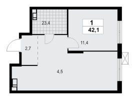 1 ккв № 92 Корп.: 1.3.4.4 , Секция 1  в ЖК А101 Лаголово