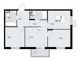 3 ккв № 7 Корп.: 1.3.4.3 , Секция 1  в ЖК А101 Лаголово