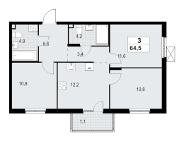 3 ккв № 2 Корп.: 1.3.4.3 , Секция 1  в ЖК А101 Лаголово