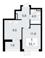 1 ккв № 208 Корп.: 3.3 , Секция 4  в ЖК А101 Всеволожск