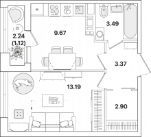 1 ккв № 225 Корп.: 1.2 , Секция 2  в ЖК Академик