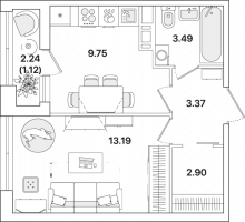 1 ккв № 217 Корп.: 1.2 , Секция 2  в ЖК Академик