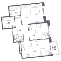 3 ккв (Евро) № 190 Корп.: 2 , Секция 7  в ЖК Акватория
