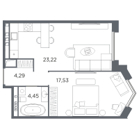 2 ккв (Евро) № 22 Корп.: 1 Уч. А , Секция 1  в ЖК Акватория