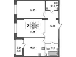 2 ккв № 123 Корп.: 2.1 , Секция 2  в ЖК Аквилон Leaves