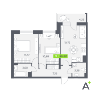3 ккв (Евро) № 448 Корп.: 2 , Секция 7  в ЖК Аквилон РекаПарк