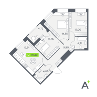 4 ккв (Евро) № 355 Корп.: 2 , Секция 6  в ЖК Аквилон РекаПарк