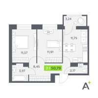 2 ккв № 240 Корп.: 2 , Секция 4  в ЖК Аквилон РекаПарк