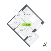 1 ккв № 204 Корп.: 2 , Секция 4  в ЖК Аквилон РекаПарк