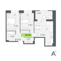 3 ккв (Евро) № 356 Корп.: 2 , Секция 6  в ЖК Аквилон РекаПарк