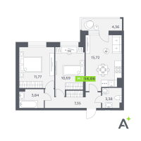 3 ккв (Евро) № 424 Корп.: 2 , Секция 7  в ЖК Аквилон РекаПарк