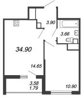 2 ккв (Евро) № 664 Корп.: 3 Уч. 1 , Секция 2  в ЖК Аквилон SKY