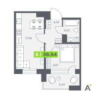 2 ккв (Евро) № 217 Корп.: 1 , Секция 3  в ЖК Аквилон Солар Парк