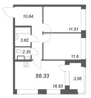 3 ккв (Евро) № 91 Корп.: 1 , Секция 2  в ЖК Аквилон Солар Парк
