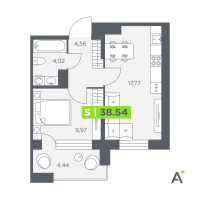 2 ккв (Евро) № 208 Корп.: 1 , Секция 3  в ЖК Аквилон Солар Парк