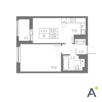 2 ккв (Евро) № 225 Корп.: 1 , Секция 4  в ЖК Аквилон Solar