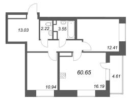3 ккв (Евро) № 311 Корп.: 1 , Секция 5  в ЖК Аквилон Solar