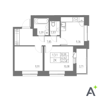 2 ккв № 19 Корп.: 1 , Секция 1  в ЖК Аквилон Solar