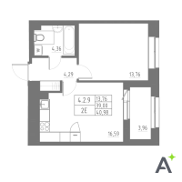 2 ккв (Евро) № 221 Корп.: 1 , Секция 4  в ЖК Аквилон Solar