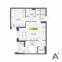 3 ккв (Евро) № 284 Корп.: 1 , Секция 3  в ЖК Аквилон Verba