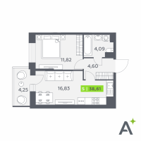 2 ккв (Евро) № 319 Корп.: 1 , Секция 3  в ЖК Аквилон Verba