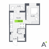 2 ккв (Евро) № 261 Корп.: 1 , Секция 3  в ЖК Аквилон Verba