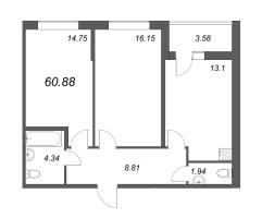 2 ккв № 2 Корп.: 12 , Секция 1  в ЖК Аквилон Zalive