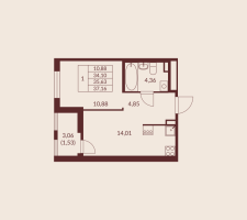 1 ккв № 1-368 Корп.: 1 , Секция 4  в ЖК Амурино