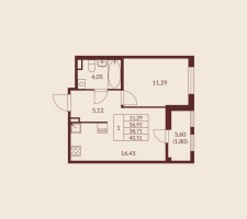 2 ккв (Евро) № 1-416 Корп.: 1 , Секция 4  в ЖК Амурино
