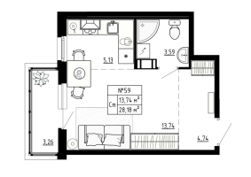 Студия № 59 Корп.: 5 , Секция 2  в ЖК Аннино Сити