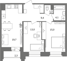 3 ккв (Евро) № 1А3/2-2 Корп.: 1 , Секция 1А  в ЖК Антверпен