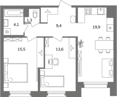 3 ккв (Евро) № 2А2/2-4 Корп.: 1 , Секция 2А  в ЖК Антверпен