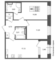3 ккв (Евро) № 443 Корп.: 1 , Секция 1.7  в ЖК Аристократ