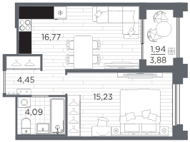 2 ккв (Евро) № 822 Корп.: 5 , Секция 5.4  в ЖК Ассамблея