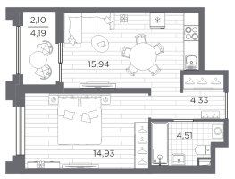 2 ккв (Евро) № 434 Корп.: 4 , Секция 4.3  в ЖК Ассамблея