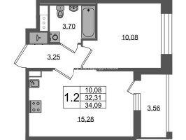 2 ккв (Евро) № 1277 Корп.: 4 , Секция 3.4  в ЖК Астра Континенталь