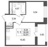 1 ккв № 1195 Корп.: 5.1 , Секция 4.3  в ЖК Астра Континенталь