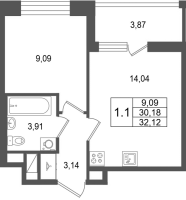 1 ккв № 640 Корп.: 5.1 , Секция 3.5  в ЖК Астра Континенталь