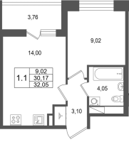 1 ккв № 579 Корп.: 5.1 , Секция 3.4  в ЖК Астра Континенталь
