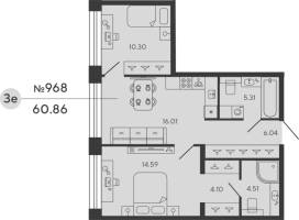 3 ккв (Евро) № 968 Дом: 5 Корп.: WOLFRAM , Секция 2  в ЖК Bashni Element