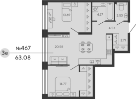 3 ккв (Евро) № 467 Дом: 2 Корп.: CUPRUM , Секция 2  в ЖК Bashni Element