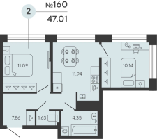 2 ккв № 160 Дом: 1 Корп.: CARBON , Секция 1  в ЖК Bashni Element