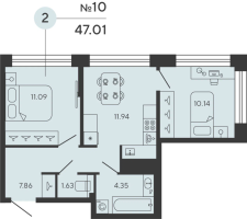 2 ккв № 10 Дом: 1 Корп.: CARBON , Секция 1  в ЖК Bashni Element